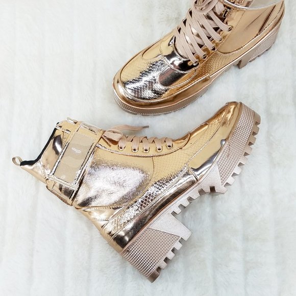 SIZE 11 Lynn Rose Gold Champagne Lug Sole Combat Boots - Picture 3 of 12